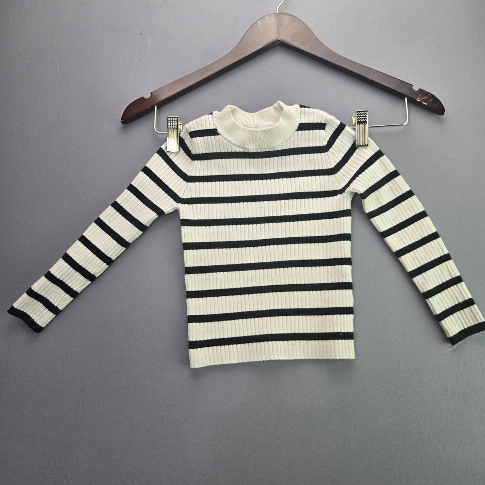 Zara Girls Ribbed Knit Sweater Striped Mock Neck Size 6-7 White Black Top